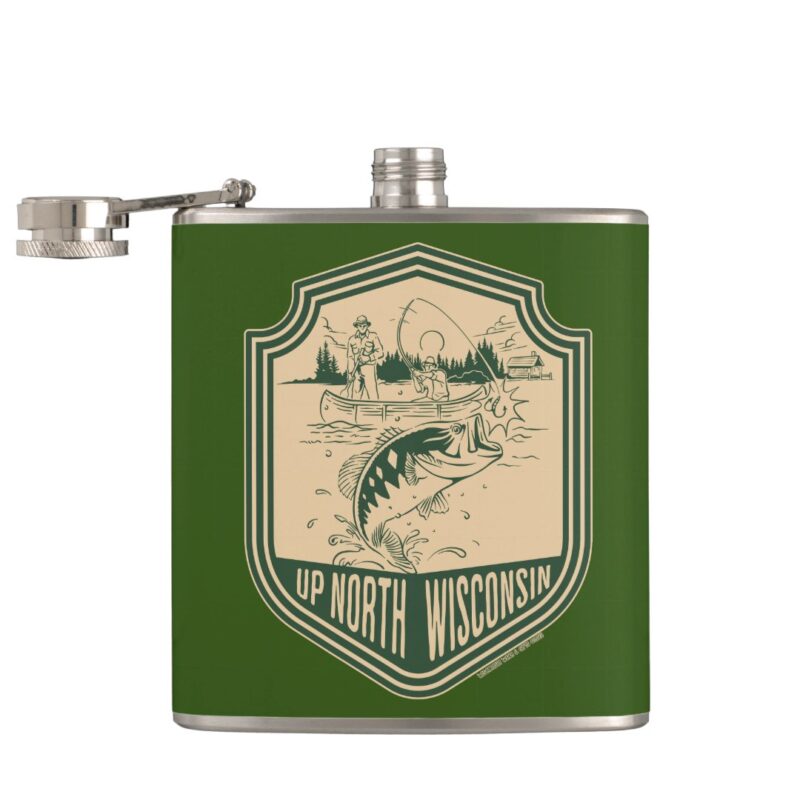 Up North Wisconsin Fishing Badge Vinyl Wrapped Flask, 6 oz.